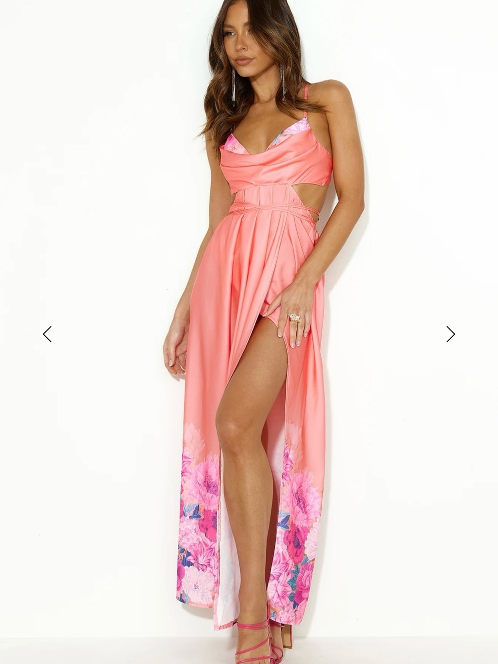 Hello Molly Coral Pink Floral-Trim Cutout Maxi